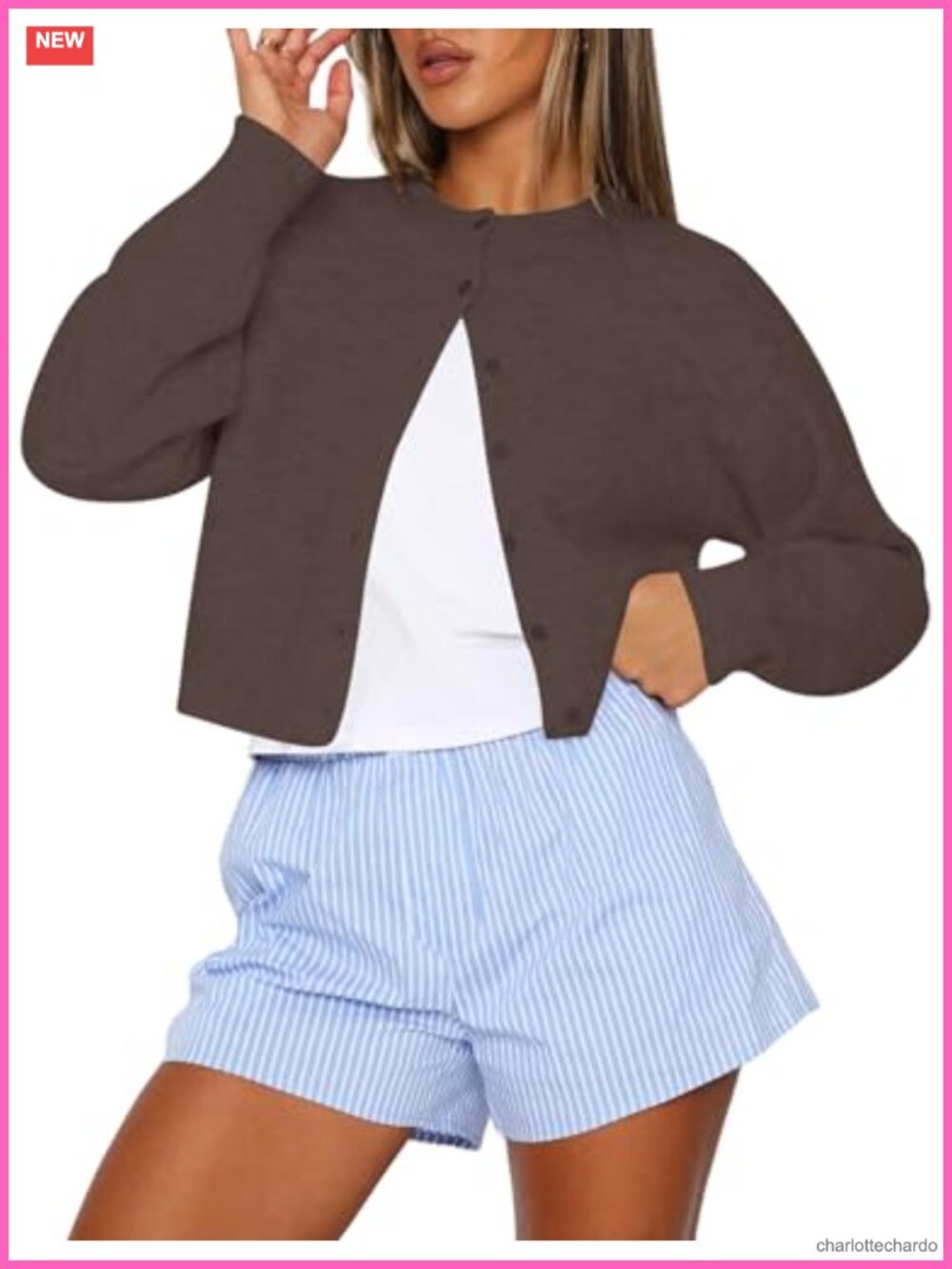 Womens Cropped Cardigan Sweater Crew Neck Button Up Long Sleeve Knit